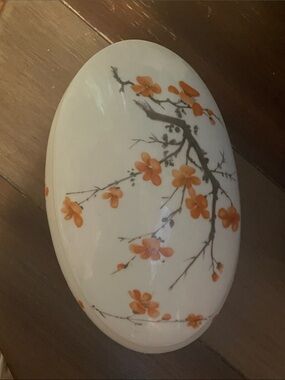 Vintage Porcelain Oval Trinket Box with Orange Floral Branch Made in France